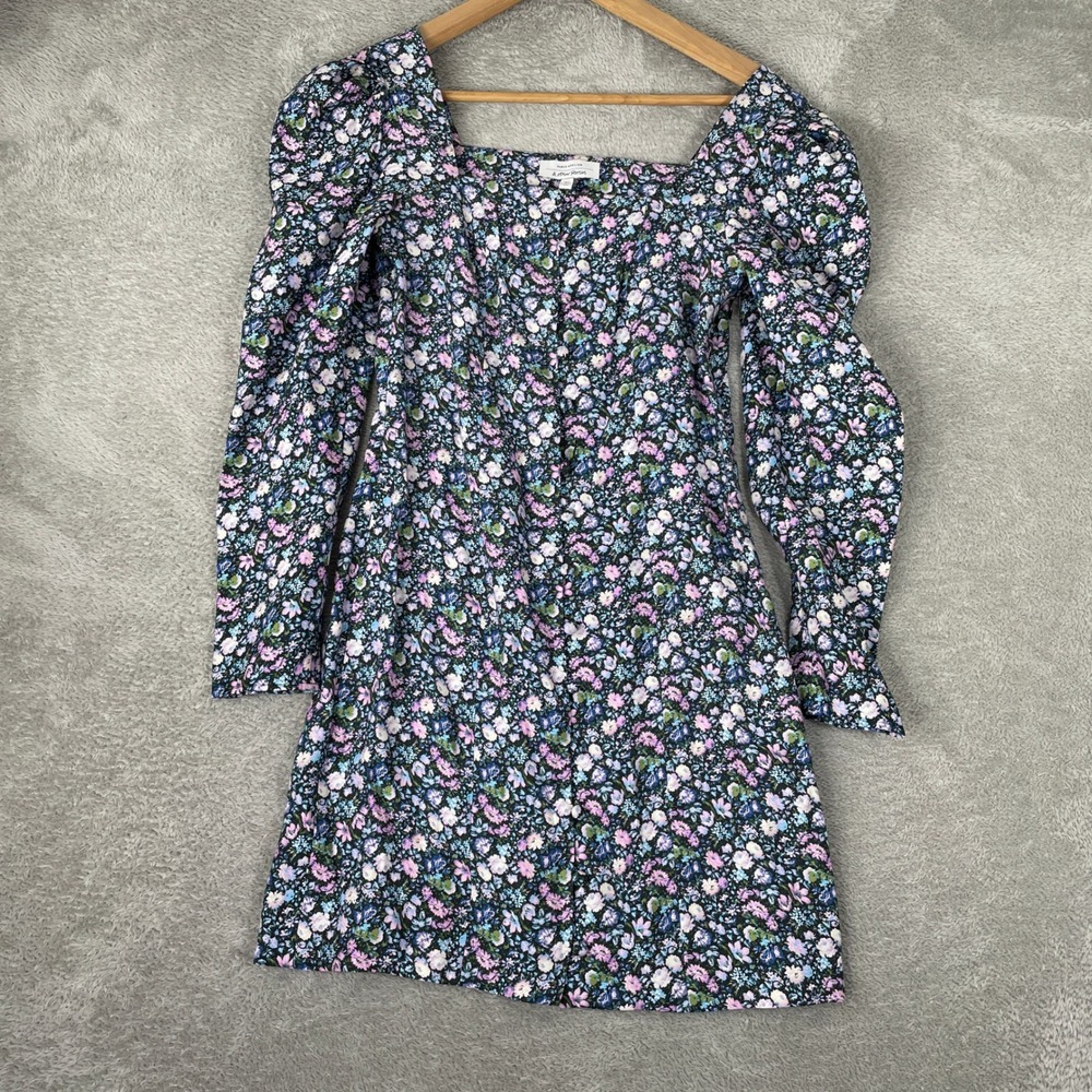 & Other Stories Paris Atelier Dress Womens 2 Blue Floral Puff Sleeve Square Neck